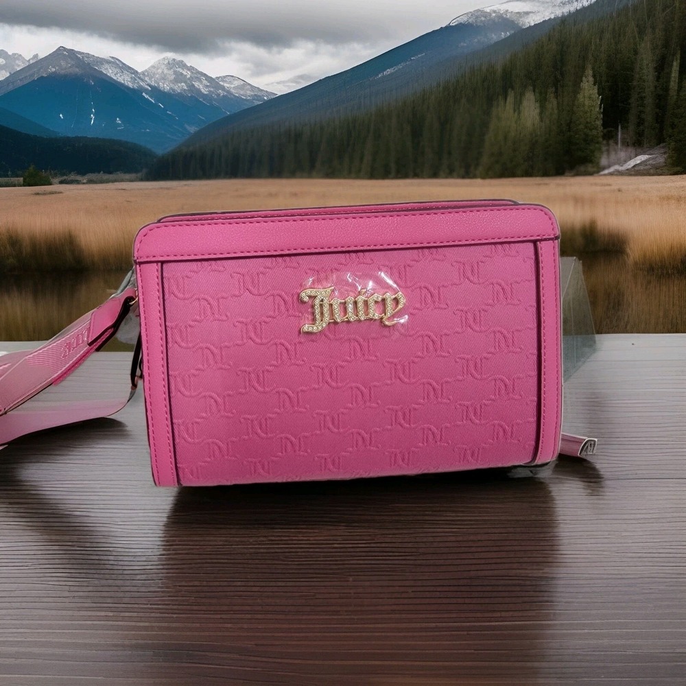 NEW! Juicy Couture Pink PINK BLANK CANVAS Frame Pouch Wristlet Large Strap Chic